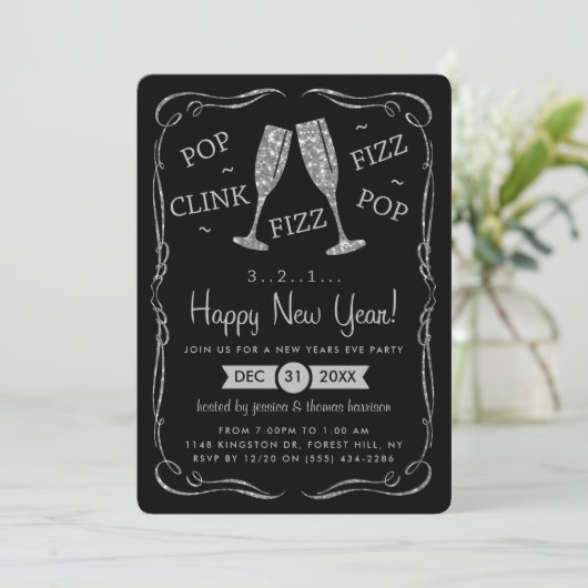 Invitation Pop, Clink, Fizz, Soirée Nouvel An Argent (Debout devant)