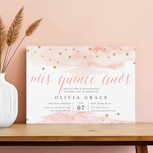 Invitation Pop Confetti Rose & Or | Aquarelle Quinceanera