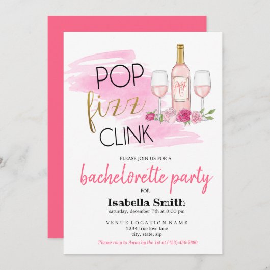 Invitation POP. FIZZ. CLINK. Bachelorette (Devant / Derrière)