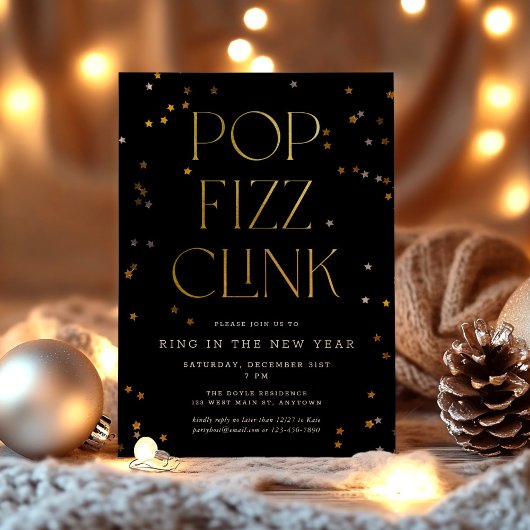 Invitation Pop Fizz Clink Black Gold Soirée de la Saint-Sylve