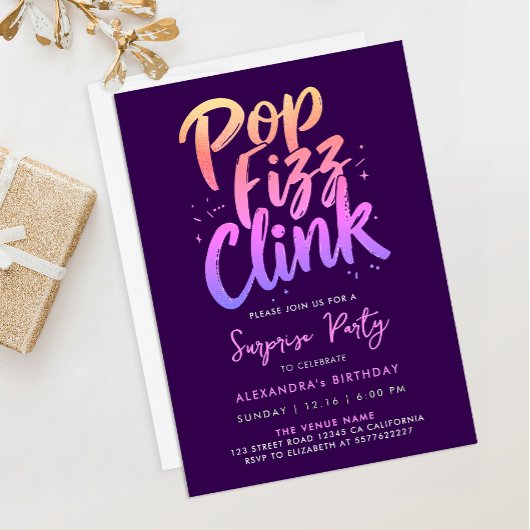 Invitation Pop Fizz Clink Purple Et Rose Calligraphie Script