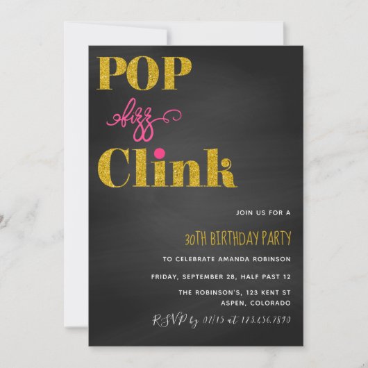 Invitation Pop fizz clink rose et or parties scintillant tabl (Devant)