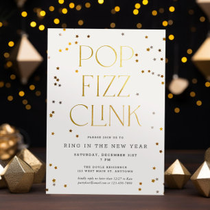 Invitation Pop Fizz Clink White Gold Confetti Nouvel An