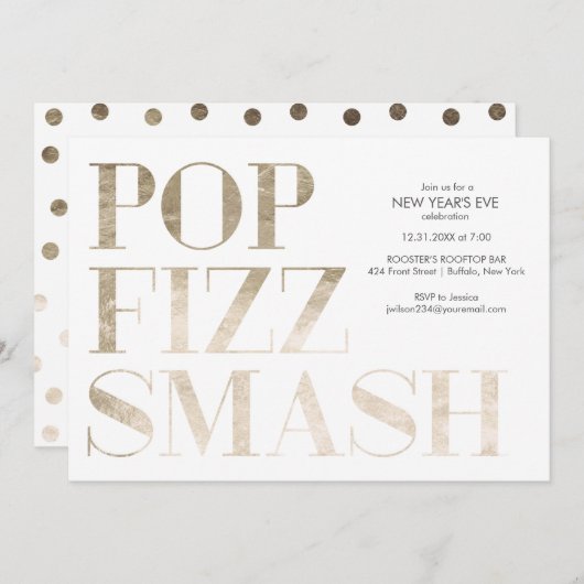 Invitation Pop Fizz Smash Faux Papier D'or Nouvel An (Devant / Derrière)