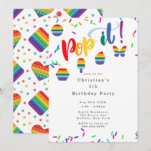 Invitation Pop It Toy Rainbow Colours Anniversaire de enfant (Devant / Derrière)