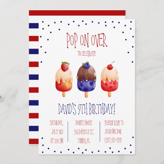 Invitation Pop on Over ! Popsicle à thème fête d'anniversaire (Devant / Derrière)