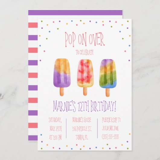 Invitation Pop on Over ! Popsicle à thème fête d'anniversaire (Devant / Derrière)