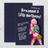 Invitation Pop Singer Cartoon Ado Fille 14e anniversaire (Devant / Derrière)