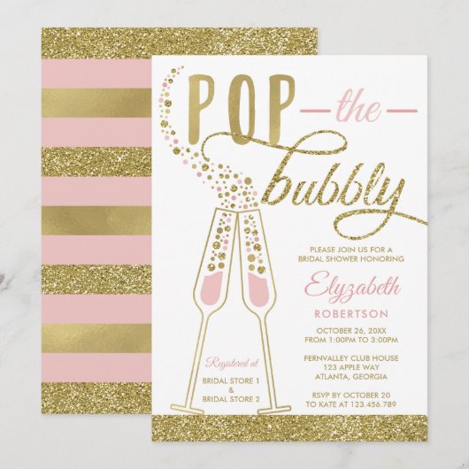 Invitation Pop The Bubbly Fête des mariées Invitation, Faux G (Devant / Derrière)
