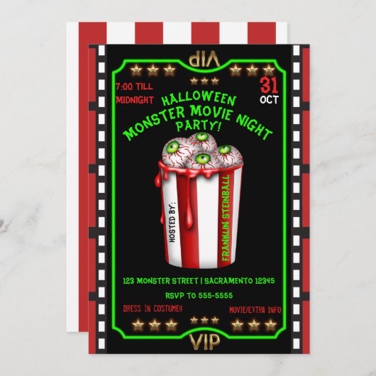 Invitation Popcorn Eyeballs Halloween Fright Night Movie (Devant / Derrière)