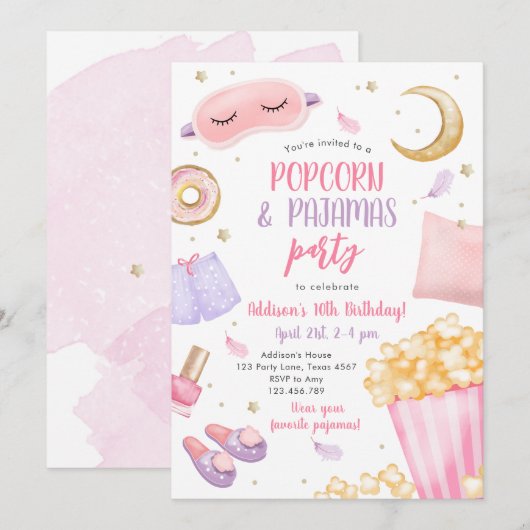 Invitation Popcorn Pyjamas Sleepover Stwood Party Anniversair (Devant / Derrière)