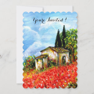 Invitation POPIES PAYSAGE TOSCANE Champs de Fleurs rouges Bla