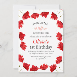 Invitation Poppies 1er premier anniversaire fille rouge flora