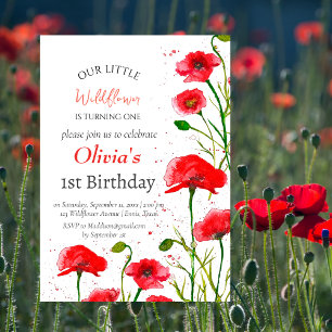 Invitation Poppies 1er premier anniversaire fille rouge flora