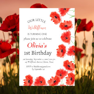 Invitation Poppies 1er premier anniversaire fille rouge flora