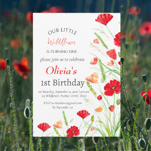Invitation Poppies 1er premier anniversaire fille rouge flora