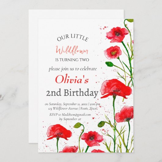 Invitation Poppies 2e Fille d'anniversaire Fille Rouge Floral (Devant / Derrière)