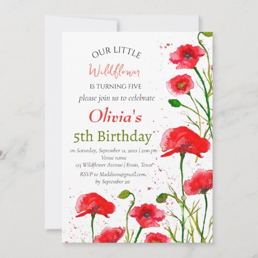 Invitation Poppies 5e anniversaire fille rouge floral pavot (Devant)