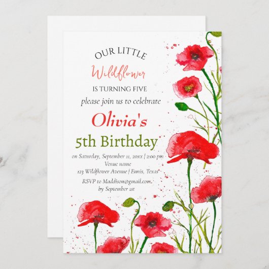 Invitation Poppies 5e anniversaire fille rouge floral pavot (Devant / Derrière)