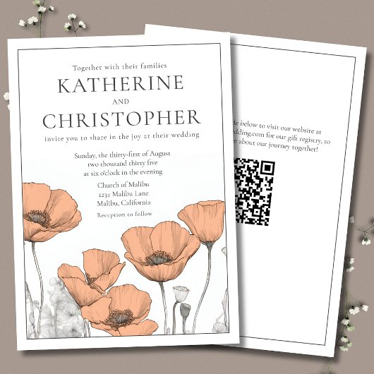 Invitation Poppies de Pêche Élégantes modernes Mariage Floral