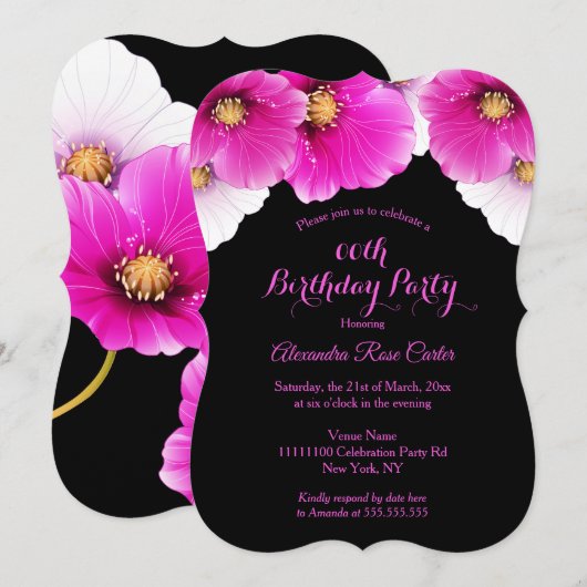 Invitation Poppies roses floral Noir fête d'anniversaire (Devant / Derrière)