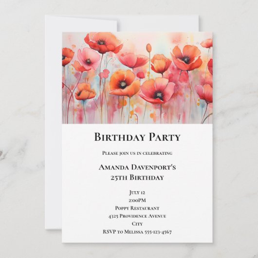 Invitation Poppies rouges dans un champ aquarelle Anniversair (Devant)