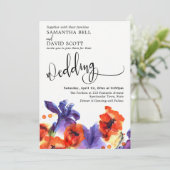 Invitation Poppies rouges, Iris pourpre Aquarelle Mariage mod (Debout devant)