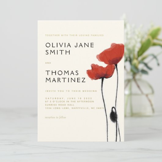 Invitation Poppies rouges sauvages Gold Ecru Rustique Elégant (Debout devant)