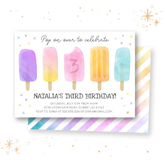 Invitation Popsicle Aquarelle rose fille Anniversaire Invitat