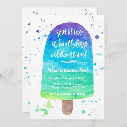 Invitation Popsicle de couleur pour aquarelle d'arc-en-ciel (Devant / Derrière)