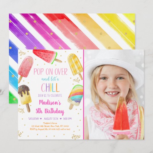 Invitation Popsicle Rainbow Rose Gold Girl Anniversaire (Devant / Derrière)