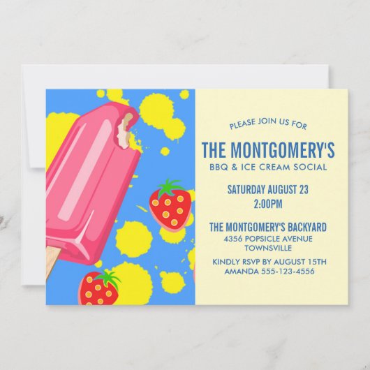 Invitation Popsicle rose et fraises BBQ Party (Devant)