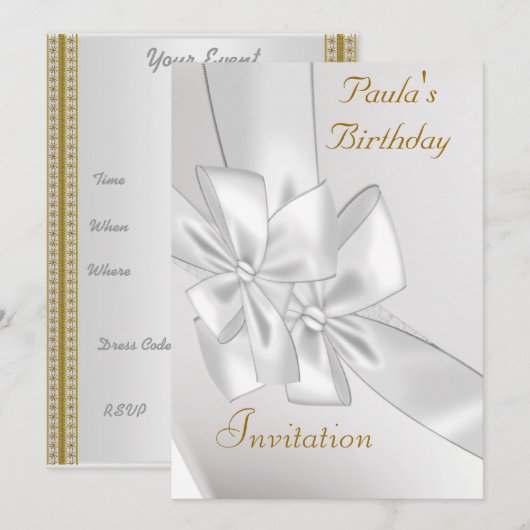 Invitation populaire d'anniversaire Ruban Blanc (Devant / Derrière)