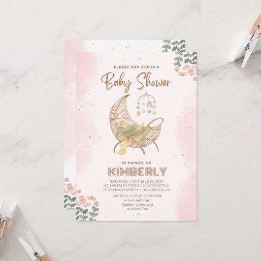 Invitation populaire rose et Baby shower Brown (Devant/Arrière en situation)