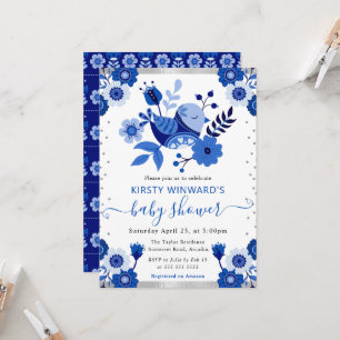 Invitation Porcelaine Aquarelle Fête Prénatale Fleur Oiseau B