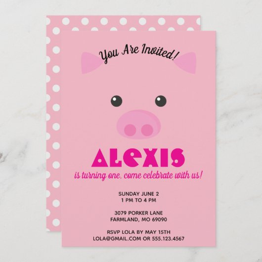 Invitation porcin rose de photo de fête (Devant / Derrière)