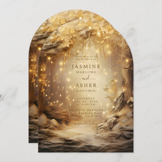 Invitation Portail forestier enchanté Mariage d'or Ethereal (Devant / Derrière)