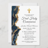 Invitation Porte Bleue Or Première Communion Sacrée Garçon (Devant)