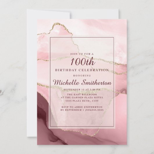 Invitation Porte de marbre rose bordeaux or 100e anniversaire (Devant)