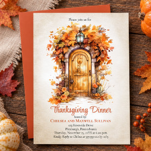 Invitation Porte en bois d'automne feuilles dîner de Thanksgi