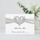 Invitation Porte-nom de table Cygnes argentés Ruban blanc (Debout devant)