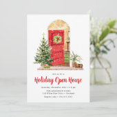 Invitation Porte rouge neige - Maison ouverte (Debout devant)