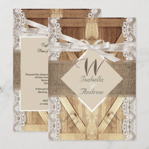 Invitation Porte Rustique Mariage Beige Blanc Dentelle Bois B
