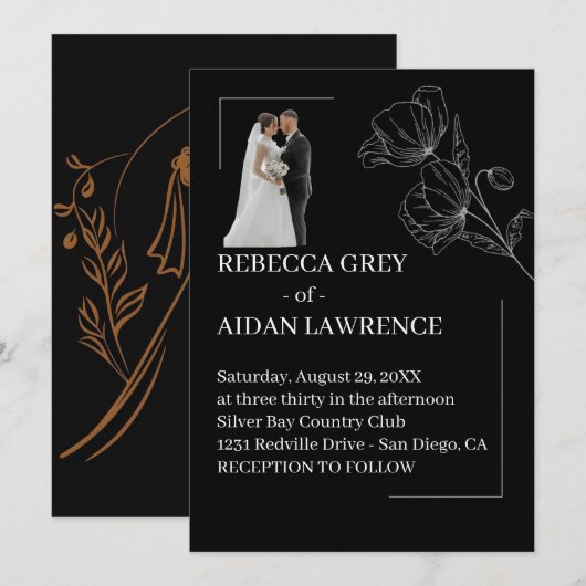 Invitation Portrait de mariage chic en surimpression noir et (Devant / Derrière)
