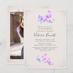 Invitation Portrait de papillons à l'aquarelle pour Quinceane