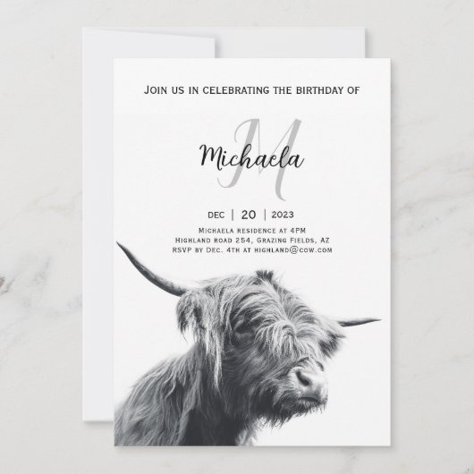 Invitation Portrait de vache Highland premier monogramme noir (Devant)
