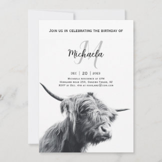 Invitation Portrait de vache Highland premier monogramme noir
