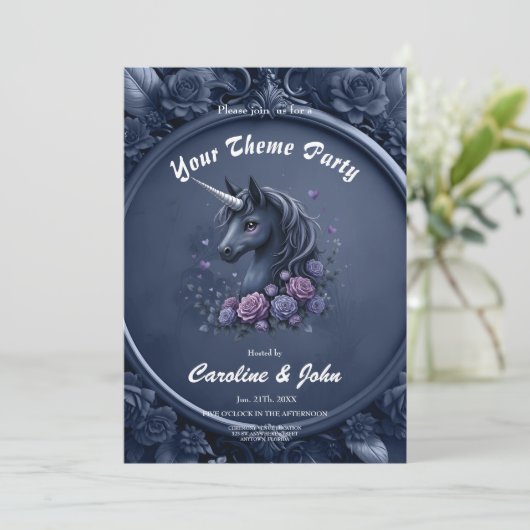 Invitation Portrait Unicorne foncé dans un cadre rond (Debout devant)