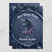 Invitation Portrait Unicorne foncé dans un cadre rond (Devant / Derrière)