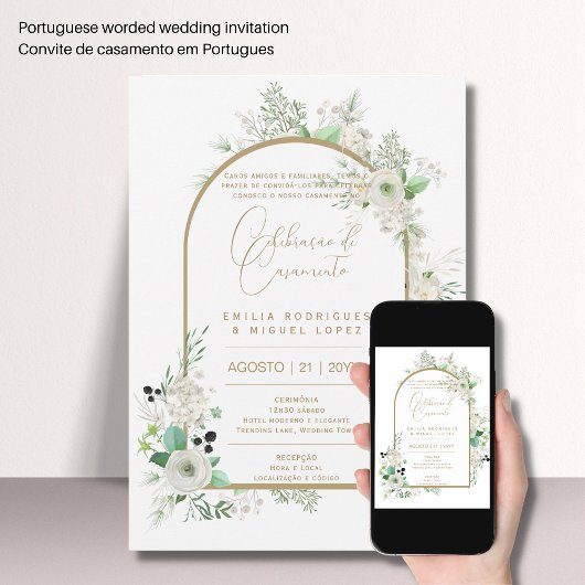 Invitation Portugeuse | Casamento Floral Blanc Rosas Brancas